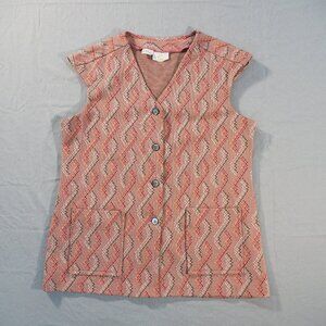 Vintage Vest Cardigan Women 16 Pink Stripe 60s 70s USA Pocket Button Lori Lynn